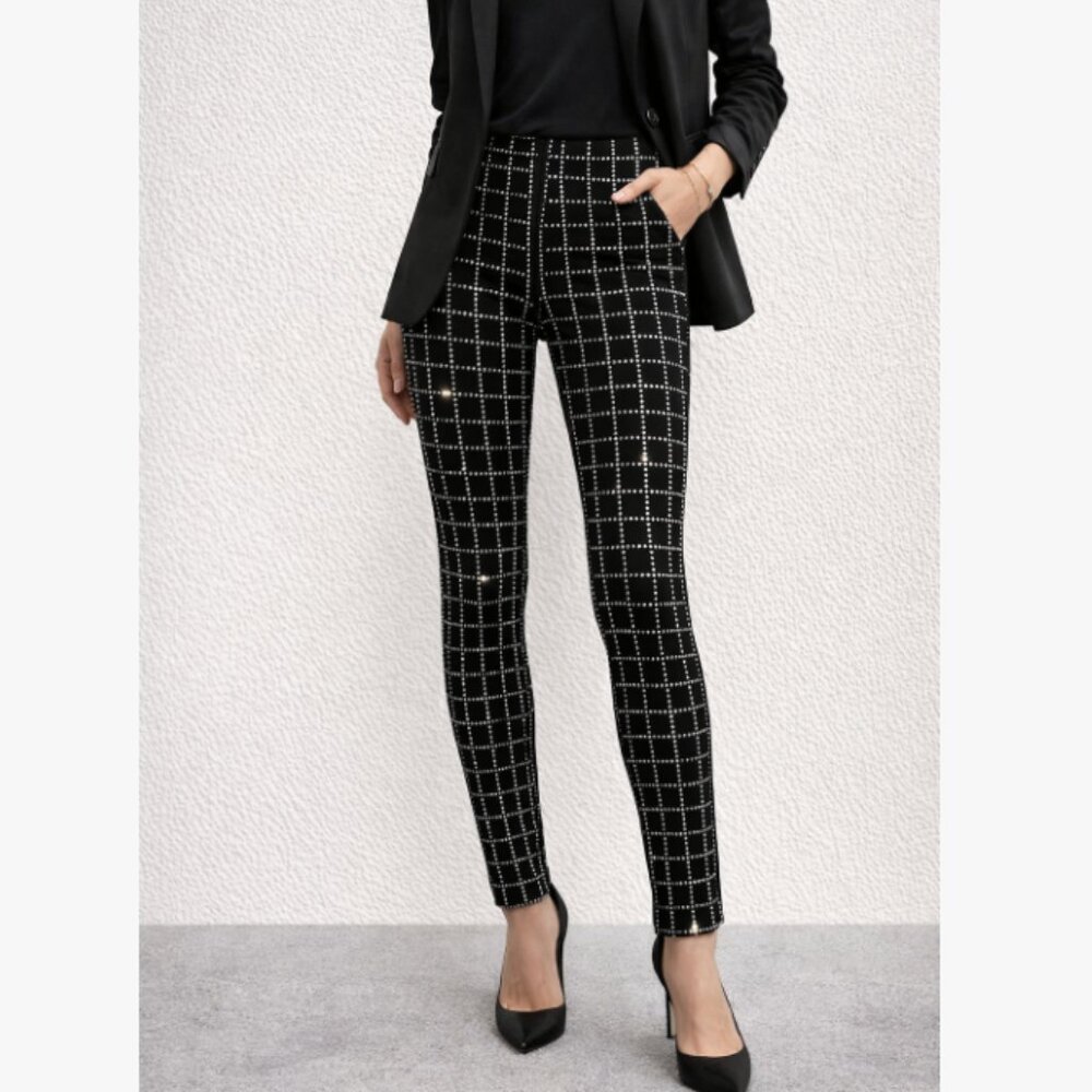 Black Rhinestone Grid Pants Women Slim Stretch Sparkle Party Y2K Club Clubwear
